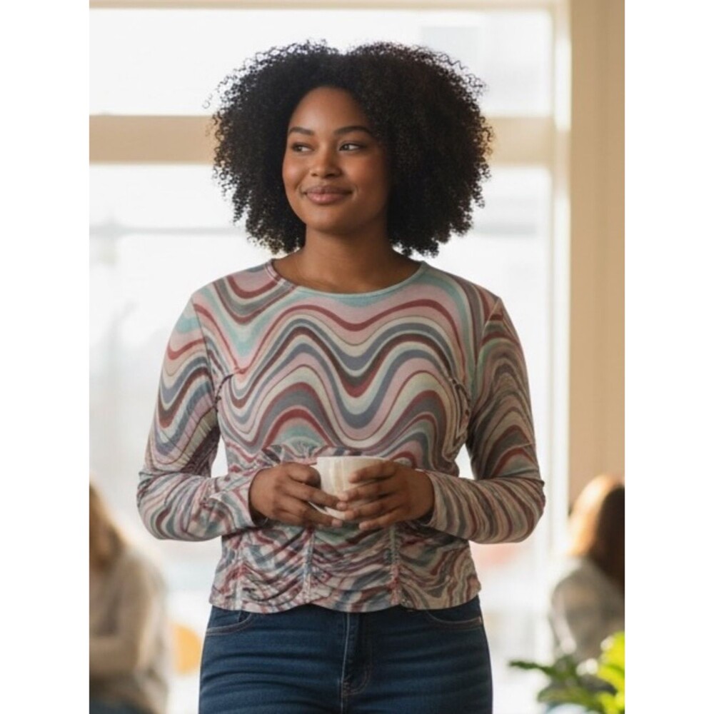 Madden NYC Y2K Wave Print Ruched Top Long Sleeve Multicolor XXL